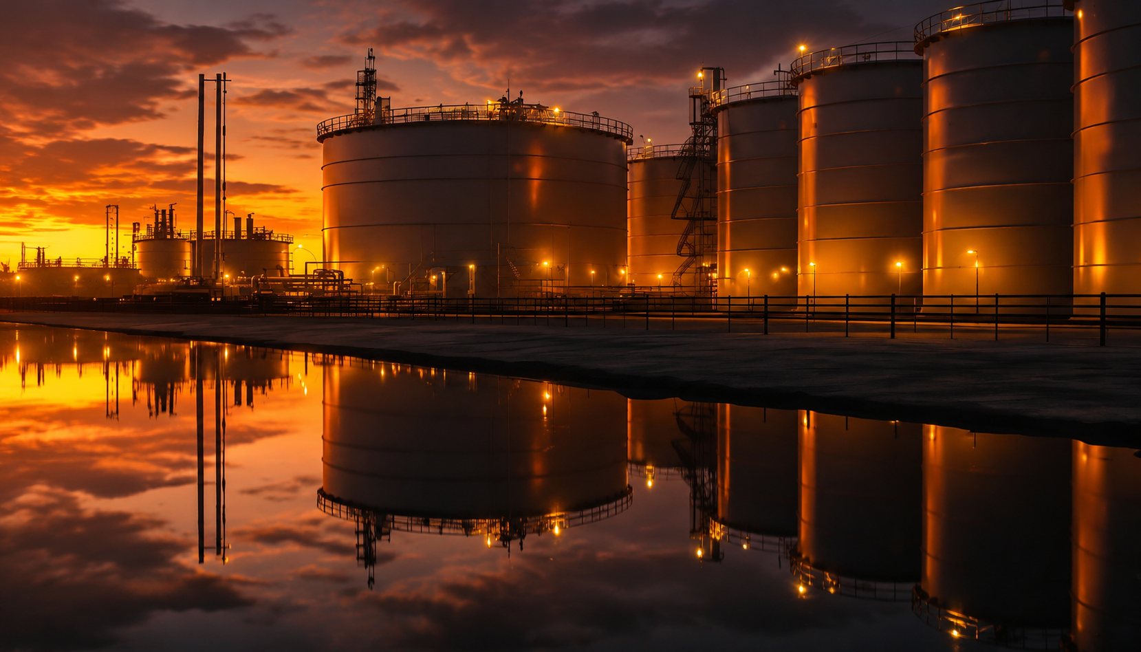 Oil storage tanks at sunset